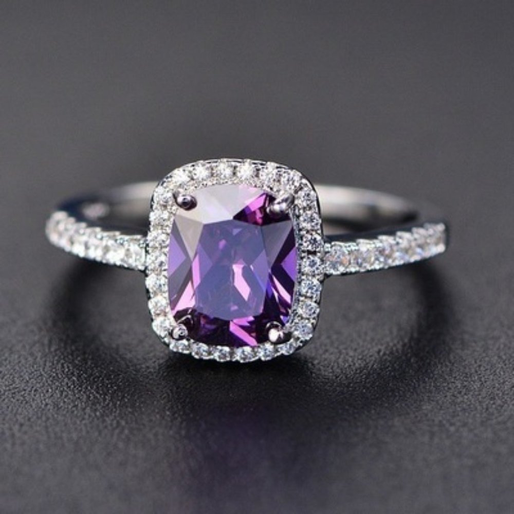 Purple Amethyst Rectangular Halo 925 Silver Ring - Picture 1 of 4